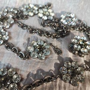 Stunning Oversized Extra Long Dark Silver Tone Rhinestone Necklace Belt Vintage